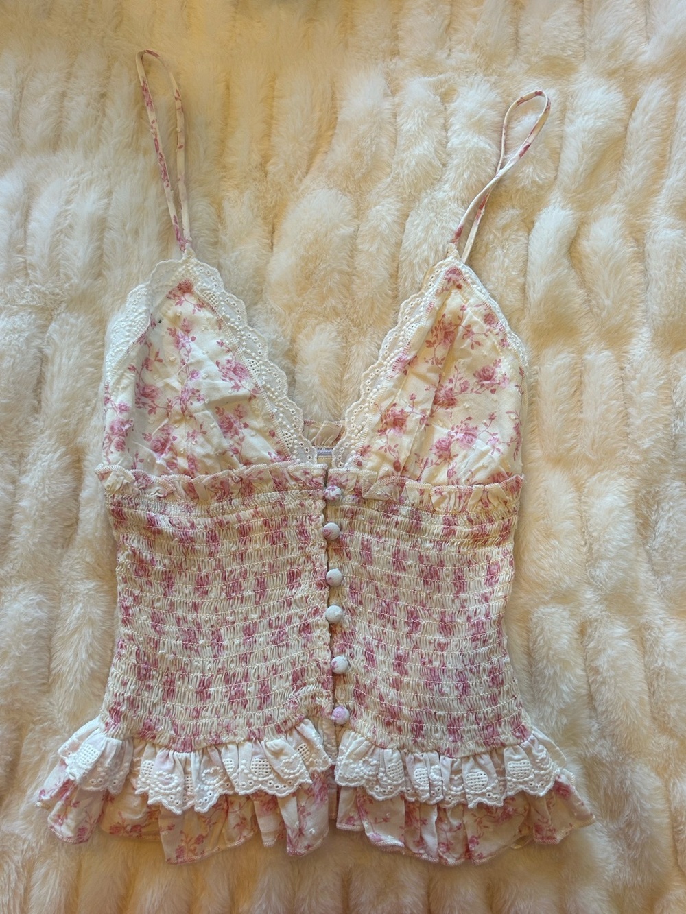 Floral Lace-Trim Pink Smocked Cami Top